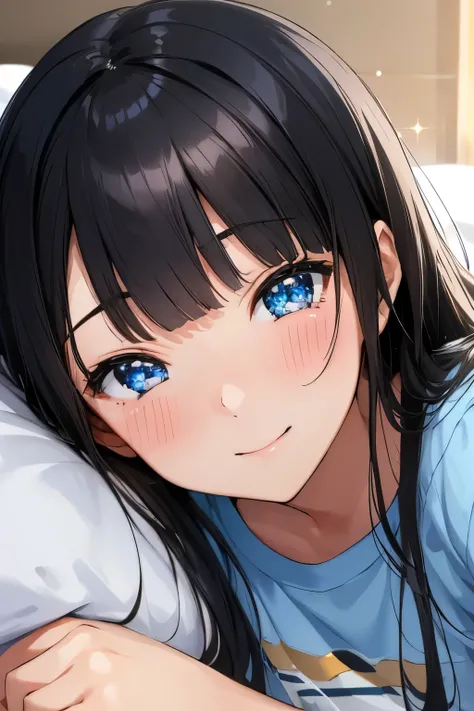 Masterpiece、highest quality、Super detailed Black Hair、Blunt Bangs Blue Eyes、Sparkling Eyes Smiling、blush T-Shirts Face is close、Facial Close-up、Bring your face closer、Sheetsに寝転がる、Lying on your side Sheets