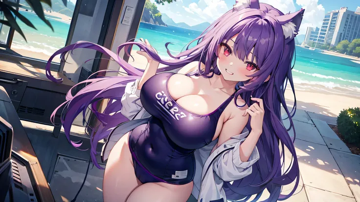 Wolf Girl, Large Breasts, Voluminous purple hair, masterpiece , Red eyes, hd, Thick thighs, Head to Chest, buried in my chest、Double teeth、tooth、Chubby、Grinning、School Swimsuit、Big Tits