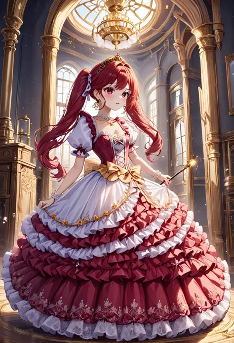 (best quality,4k,8k,highres,masterpiece:1.2),ultra-detailed, Pretty 15 years old princess, drawn in anime style, is cute and happy, long red twin tail hair, pink eyes, small breast, makeup and lipstick, steampunk, red and white ball gown with puffy sleeves...