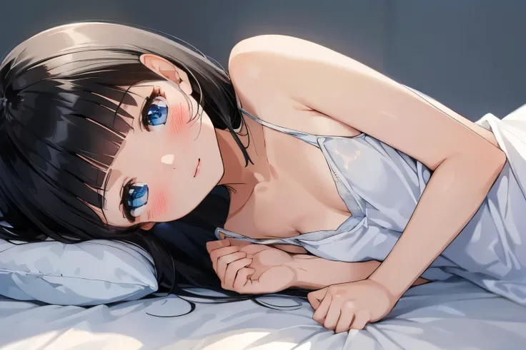 Masterpiece、highest quality、1 female、Super detailed　Black Hair、Blunt Bangs　Blue Eyes、Sparkling Eyes　Smiling、blush　White camisole、Small breasts　Face is close、Facial Close-up、Bring your face closer　Sheetsに寝転がる、Lying on your side　Sheets