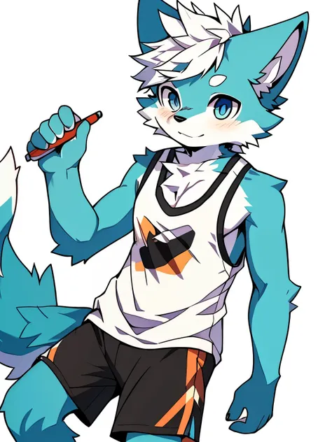 Highres, Masterpiece, Best quality at best,High-quality illustrations, Best Quality, Light blue color eyes, Furry male, shoun, White hair, Tank top, Blue shorts, grey ears, short detailed hair，White hair, canid, Dog boy, Simple beckground