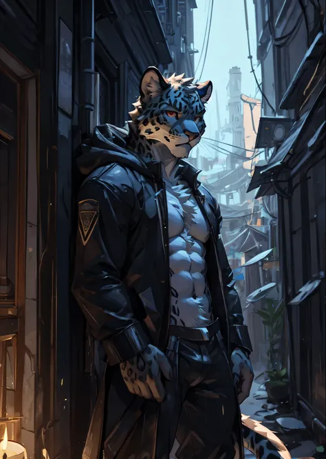 there is a leopard standing in a city under the rain, half naked elder leopard with a large tattoos, red eyes, angry face, bare chest, huge crotch, veins, fluffy chest, Sexybody, muscular, anthropomorphic, extra detailed body, detailed body, Best quality, ...