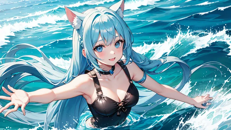 pretty girl, cute, happy, light blue hair, pigtail long hair, black eye, puppy ears, summer, ocean, splashing in the water