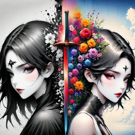 Alafd images，Wearing a black robe、Girl with a sword, blood spatter，Blood Pool，Gothic elements，beautiful death goddess, A terrible one, Death Portrait, A harbinger of death, punk ,The artwork should transition from a pencil drawing style in black and white ...