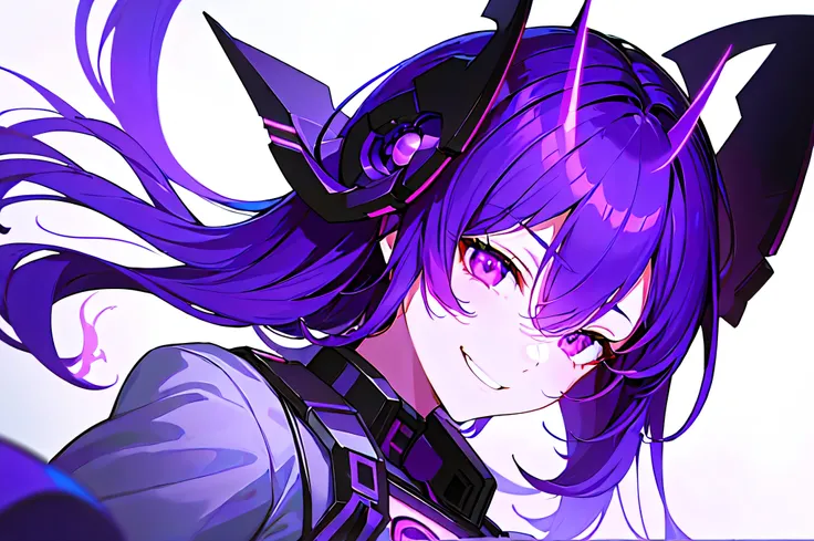 [(WHITE BACKGROUND:1.5),::5], masterpiece, absurdres, best quality, 1girl, solo, Black hair, Purple color eyes, science fiction, (mecha musume:1.2), (upper body), mechanical parts, headgear demon horn, (Purple Black color base), (Purple Neon light), ((evil...