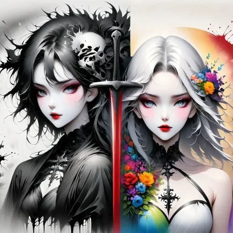 Alafd images，Wearing a black robe、Girl with a sword, blood spatter，Blood Pool，Gothic elements，beautiful death goddess, A terrible one, Death Portrait, A harbinger of death, punk ,The artwork should transition from a pencil drawing style in black and white ...