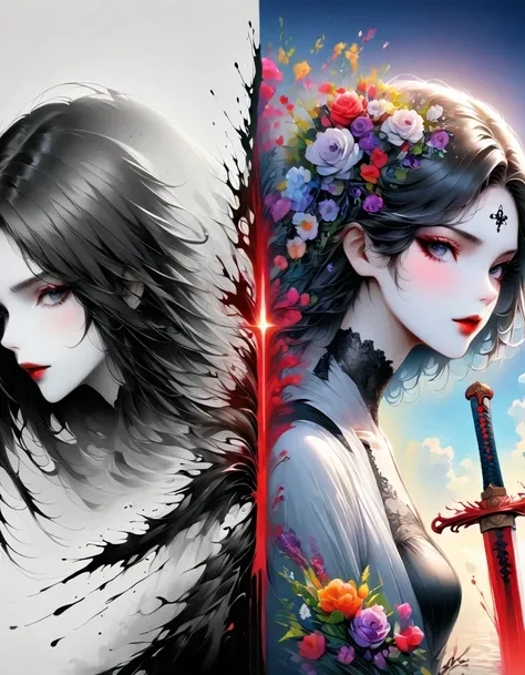 Alafd images，Wearing a black robe、Girl with a sword, blood spatter，Blood Pool，Gothic elements，beautiful death goddess, A terrible one, Death Portrait, A harbinger of death, punk ,The artwork should transition from a pencil drawing style in black and white ...