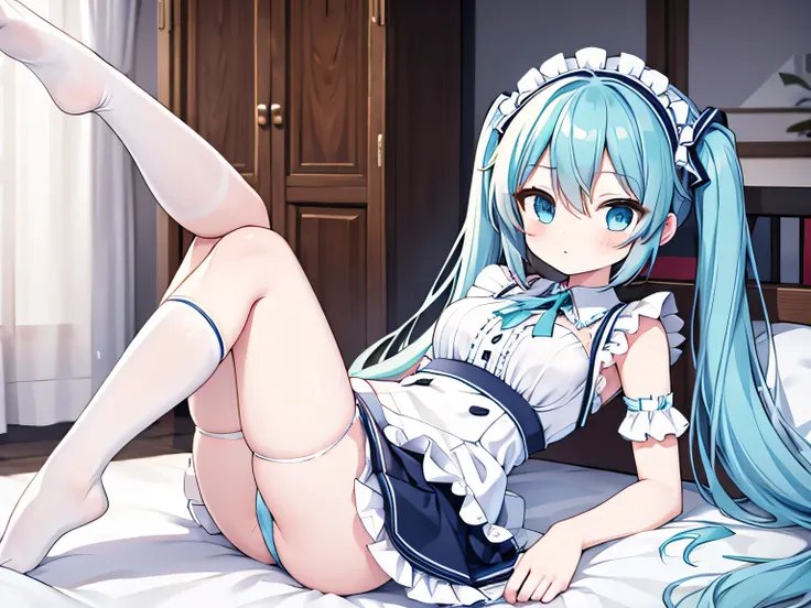 Miku maid underwear white and blue Spread legs.