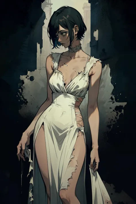 zombie, living Dead , living Dead girl , short hair , torn long dress , living Dead girl , Whole body , living Dead , Long torn white dress , Long and wide dress , at night , Torn dress , living Dead features , sexual body , sexual , unfocused look, She st...