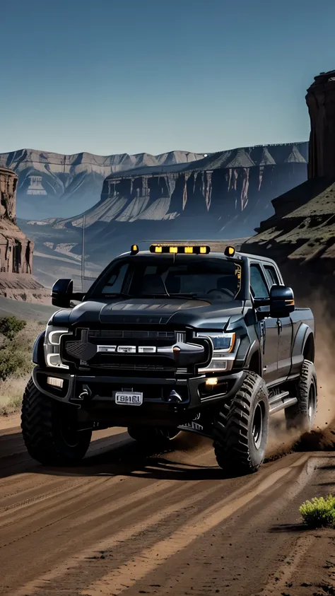 Full Body Shot, Dramatic, Hollywood, Motion, dust trails, muddy road, There is a matte black Ford F450 Monster Truck with Huge Wheels and Tires, black tint windows, with race stickers on the windshield and body of the car. It is driving a rocky terrain in ...