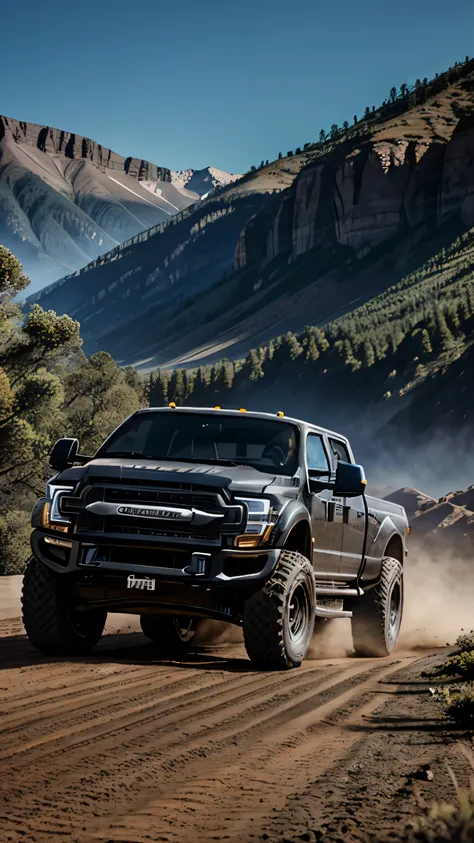 Full Body Shot, Dramatic, Hollywood, Motion, dust trails, muddy road, There is a matte black Ford F450 Monster Truck with Huge Wheels and Tires, black tint windows, with race stickers on the windshield and body of the car. It is driving a rocky terrain in ...