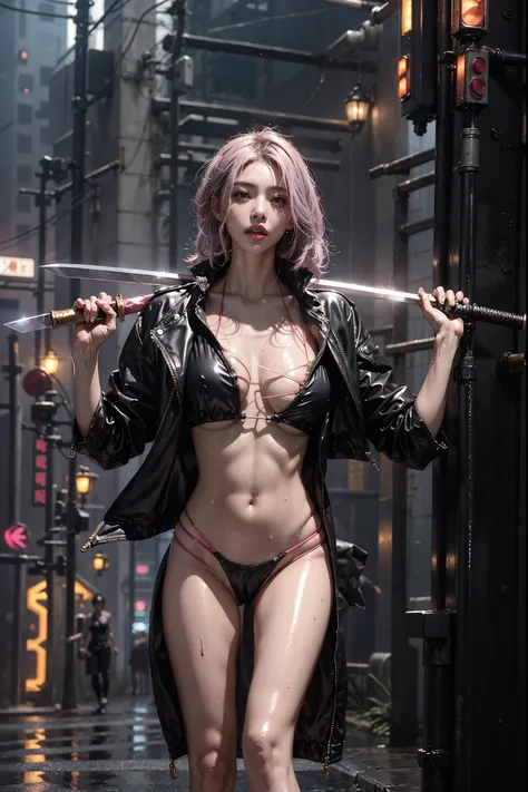 highest quality、surreal、perfect anatomy、Wet and shiny white skin、model body shape、Sweat dripping all over the body、Super small face、Ahegao、Cleavage、Cyberpunk City、Monotone urban tech wear、Pink, black, silver and golden hair、Holding a Japan sword in each ha...