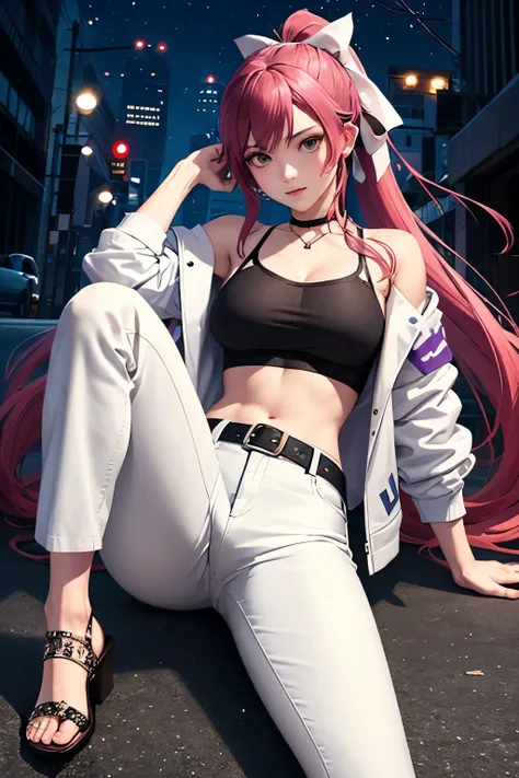 ((best quality)), ((masterpiece)), (detailed), perfect face, under night in-birth, yuzuriha, purplue hair, hair ribbon, ponytail, purple camisole, white jacket, jacket on shoulders, midriff, belt, white pants, sandals, badass pose, detailed background