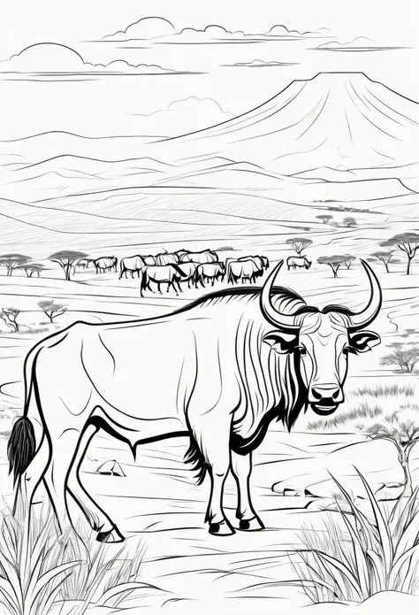 coloring page for kids, Wildebeest roaming in the Serengeti, cartoon style, thick lines