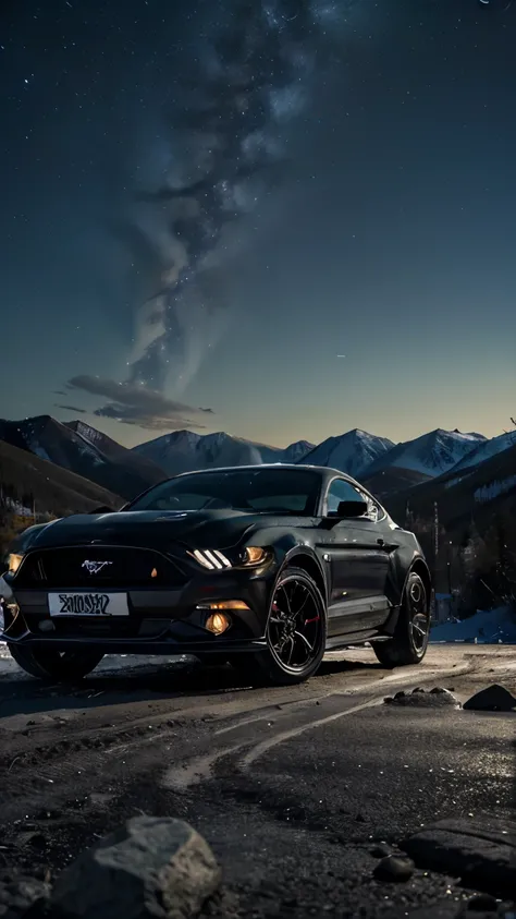 23:05:18 Night time, Sky Full of Stars, milky way galaxy visible in the sky, Aurora Borealis, Full Body Shot, Dramatic, Hollywood, Motion, on frozen lake, There is a custom matte black Ford Mustang GT Tires, blacked out windows, with race stickers on the w...