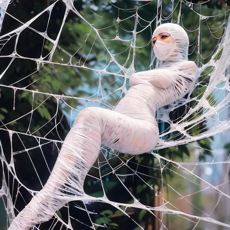 a woman in a tight web bondage, cocooned, struggle in the web