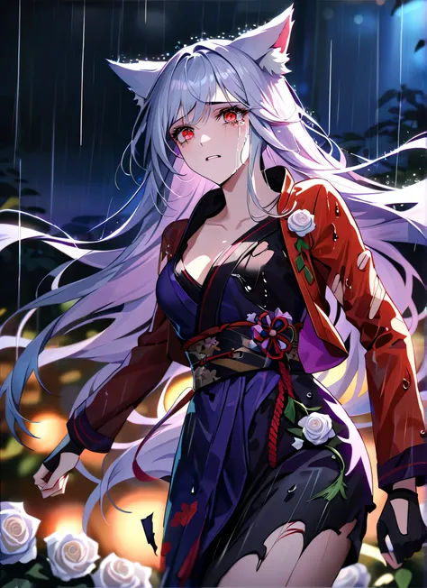  detail description,professional,vivid colors,bokeh,portraits

A gorgeous girl, wolf ears, wearing a  very damaged kimono samurai suit, a very ripped damaged kimono suit, missing parts of the suit, very ripped clothes, shes sad, tears, heartbroken, hurt, b...