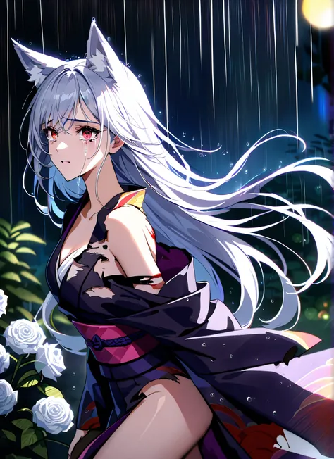  detail description,professional,vivid colors,bokeh,portraits

A gorgeous girl, wolf ears, wearing a  very damaged kimono samurai suit, a very ripped damaged kimono suit, missing parts of the suit, very ripped clothes, shes sad, tears, heartbroken, hurt, b...