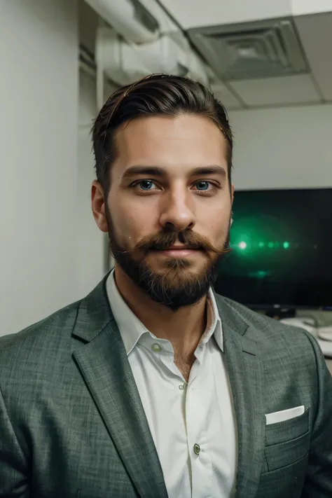 A photorealistic portrait of a successful, confident 30-year-old male entrepreneur. Emphasize his expressive green eyes , groomed beard and mustache , a strong jawline, and a subtle, knowing smile. He is in an office wearing expensive suit
