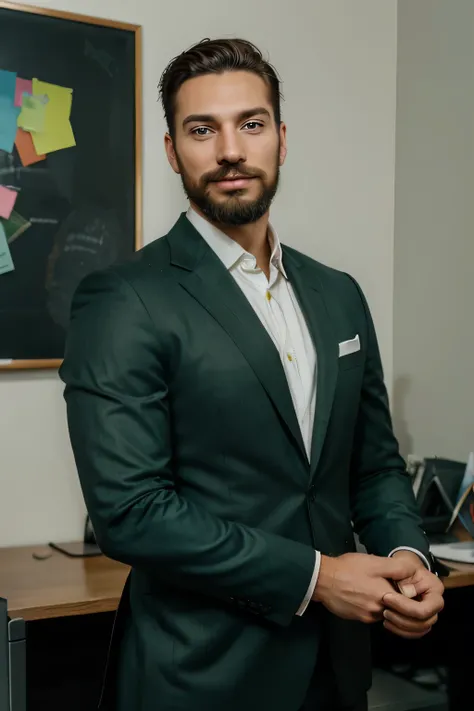 A photorealistic portrait of a successful, confident 30-year-old male entrepreneur. Emphasize his expressive green eyes , groomed beard and mustache , a strong jawline, and a subtle, knowing smile. He is in an office wearing expensive suit
