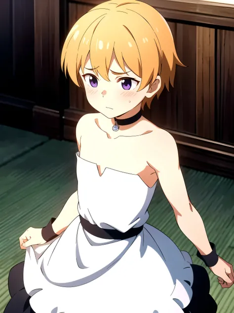 Highres, Masterpiece, Best quality at best,Best Quality,hight quality, hight detailed, 1boy, Boy, Side bangs, Shota, Solo person, Strapless dress, Choker, Glove, Elbow cover, Collarbone, Half body image, Depth of field, Anime screencap style, thick line, S...