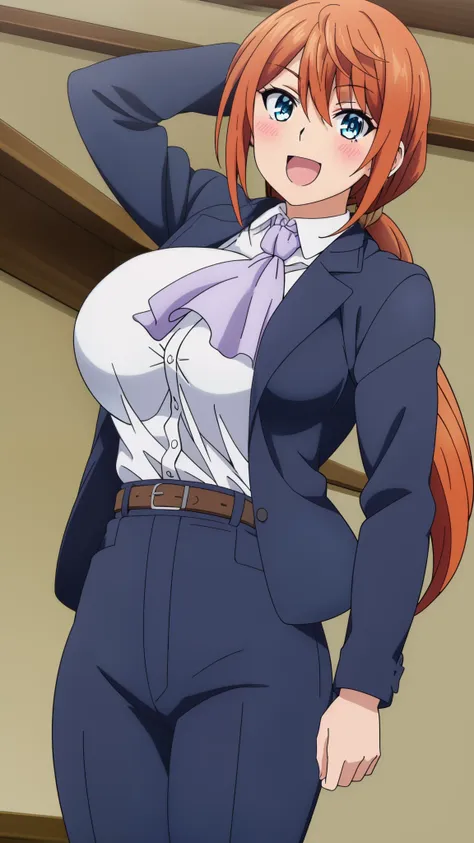 1girl, solo, long hair, looking at viewer, blush, smile, large breasts, orange hair, blue eyes, shirt, , blue jacket, ponytail, ascot, pants, belt, (masterpiece: 1.0), (best_quality: 1.0), :D
