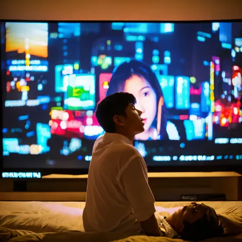 A boy looks at a big screen showing his girlfriends picture at night