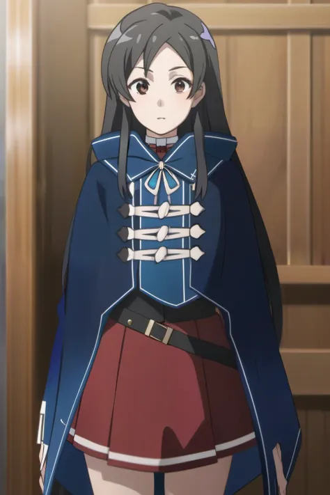 ä ̧ƒæ ̃ÿé tméã ™,iris,black hair,long hair,bangs,side lock,very long hair,
pleated skirt,red skirt,blue cape,black belt,long sle...