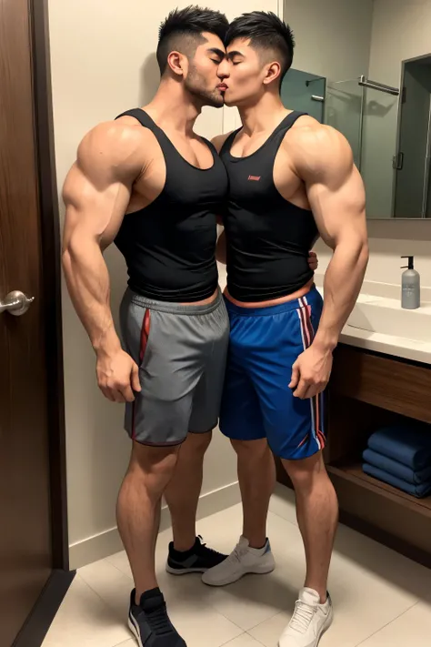 Two Asian mens gyms wearing full tank tops , musculous, Height 190 cm, large shoulders, musculous, (Draw eye details), (hentail realism)，tongue kissing，bathroom，hugs，（The face is finely drawn），Lift your clothes, full body shot,