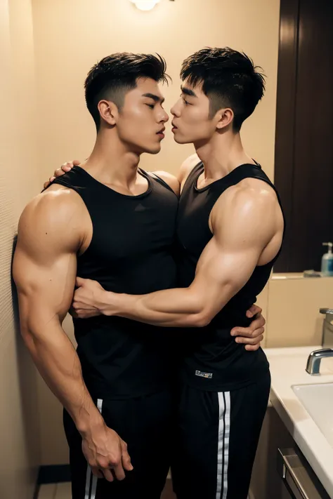 Two Asian mens gyms wearing full tank tops , musculous, Height 190 cm, large shoulders, musculous, (Draw eye details), (hentail realism)，tongue kissing，bathroom，hugs，（The face is finely drawn），Lift your clothes, full body shot,