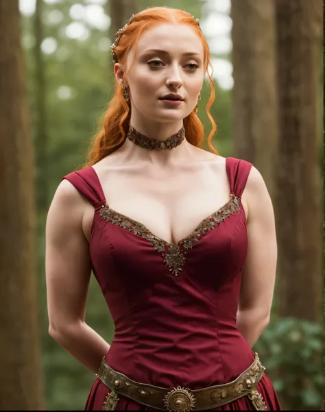 Face of Sophie Turner, Sansa Stark played by Sophie Turner, the de facto Lady of the Eyrie, is a 40-year-old mature queen with a stunning, alluring appearance. Full Face, pierced eyes, reddish lips, upper body shot, erotic Mediaeval costumes, game of thron...