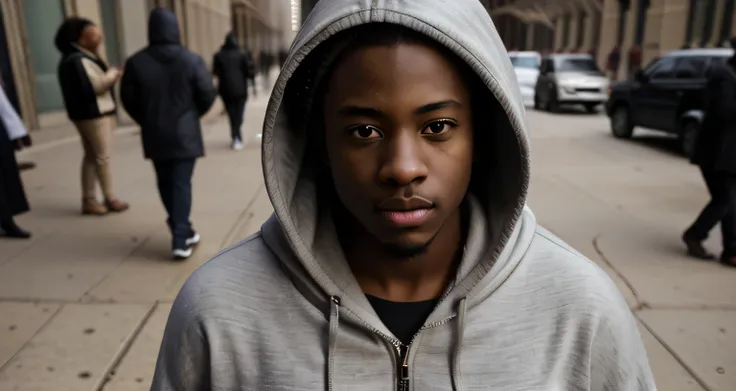 Visage parfait Tête jusqu’au épaule , young African American man hooded in the streets of Chicago facing camera , cinematographic camera , centrée au milieu de l’image