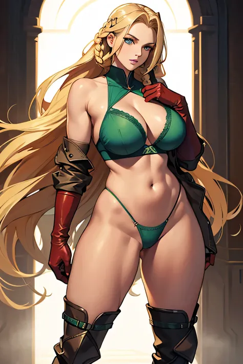 A tall woman has a big chest, long blonde hair, braids, her blue eye, she wears a green bra and a thong, thighs, sexy, big, big woman, wearing a brown boot, wearing a red steel glove. 