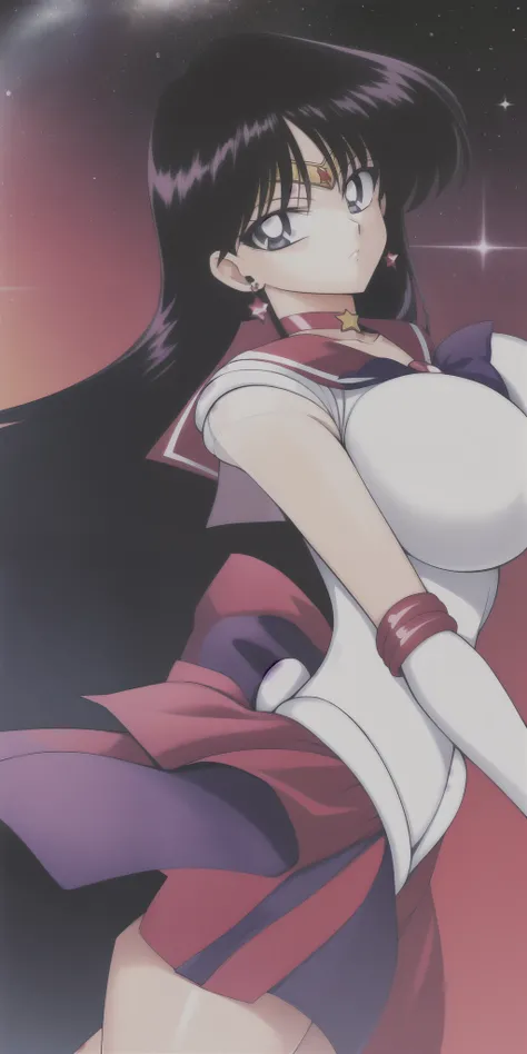 hino_rei, huge_breasts, standing, solo, White_leotard_Red_sailor_collar_Red_miniskirt_White_gloves_Red_high_heels_Star_choker_Purple_bowtie_Red_back_bow_Circlet_Heart_brooch_See-through_sleeves, starry_sky,, masterpiece, best quality, detailed face, detail...