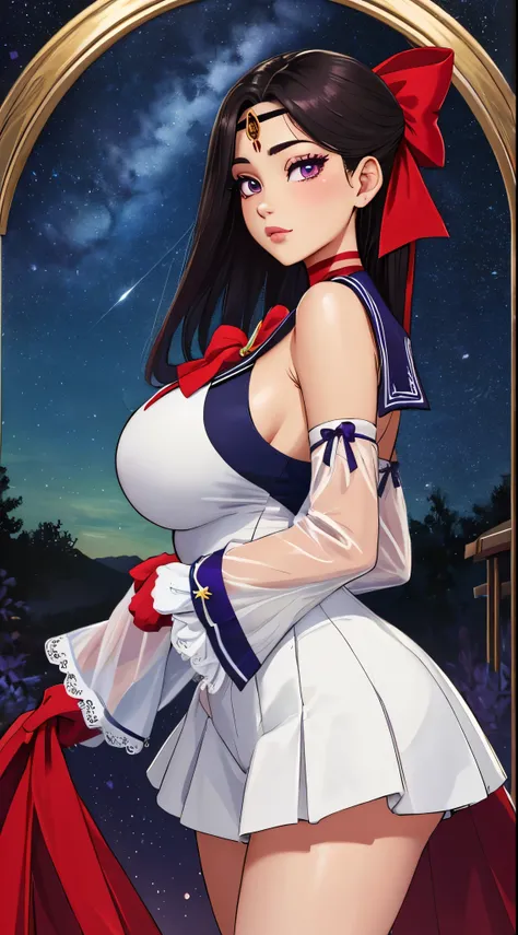 hino_rei, huge_breasts, standing, solo, White_leotard_Red_sailor_collar_Red_miniskirt_White_gloves_Red_high_heels_Star_choker_Purple_bowtie_Red_back_bow_Circlet_Heart_brooch_See-through_sleeves, starry_sky,, masterpiece, best quality, detailed face, detail...