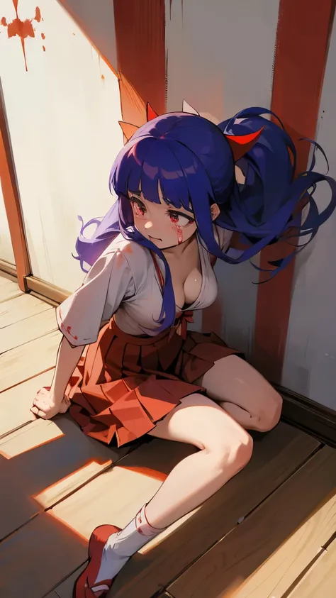 Furude rika crazy girl crazy  socks older long hair shrine maiden red hakamo red skirt cleavage breasts white shirt. stabbed blood knife crying blood on walls, wooden floor blood on ground, blood on walls