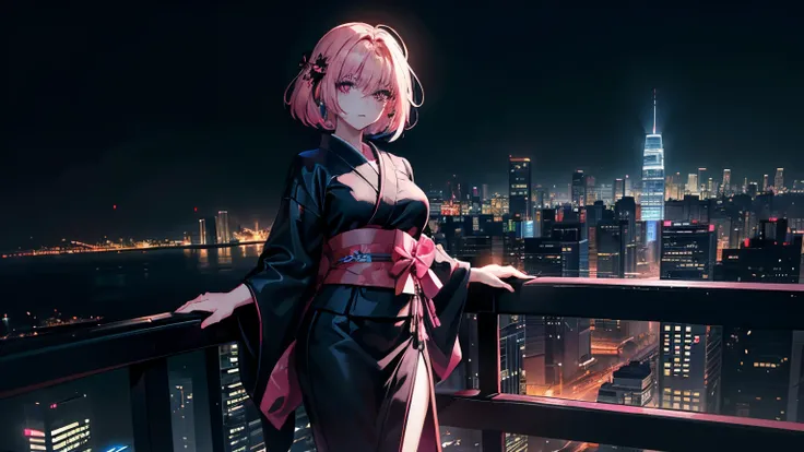 anime, (obra de arte, melhor qualidade, ultra-detalhado, alto contraste), 1 mulher (Sozinho, corpo todo, corpo plus size, standing on the edge of the skyscraper, cabelo prateado, CABELO LONGO E FLUXO, olhos vermelhos brilhantes de rubi, (Kimono preto, blac...