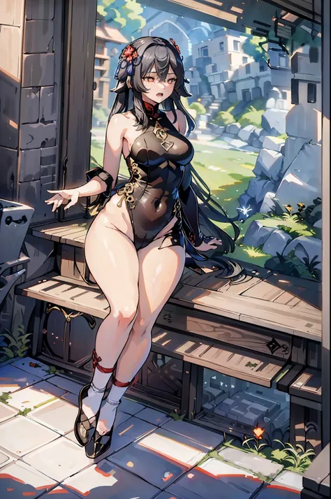 ((highly detailed)), Genshin Impact, ((Hu Tao)), Perfect human hand,(Small breasts:1.1),relaxed poses, ((fit female)) , Super perfect body curve, masterpiece, 4K, detailed, Perfect face, (20 years old) Enthusiastic body language, Fit the figure,  gorgeous ...