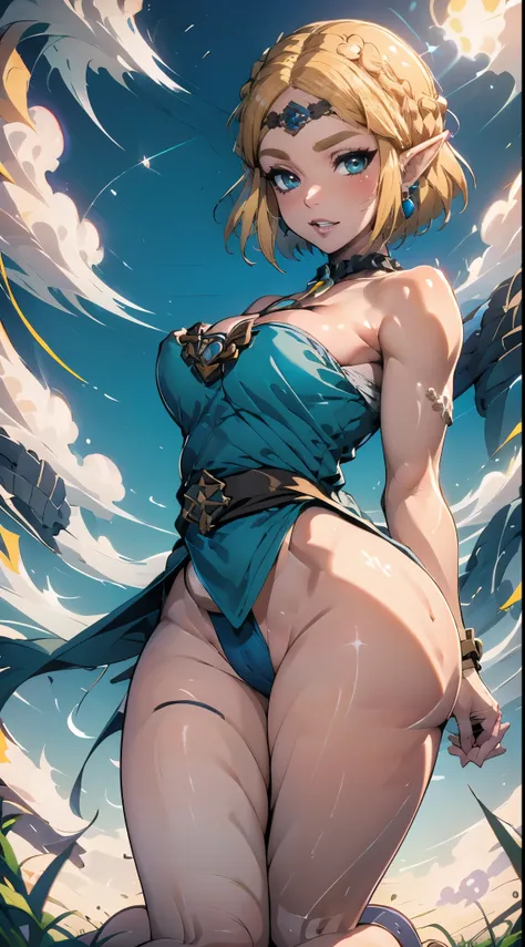 (best quality:1.4), Zelda, busty, large breasts, enormous , cleavage, seductive, sexy, curvy body, blue sky, topless, bottomless, fully nude, fully naked, sexual, thin waist, visible abs, defined abs, blushing with excitement, horny, black collar, kneeling...