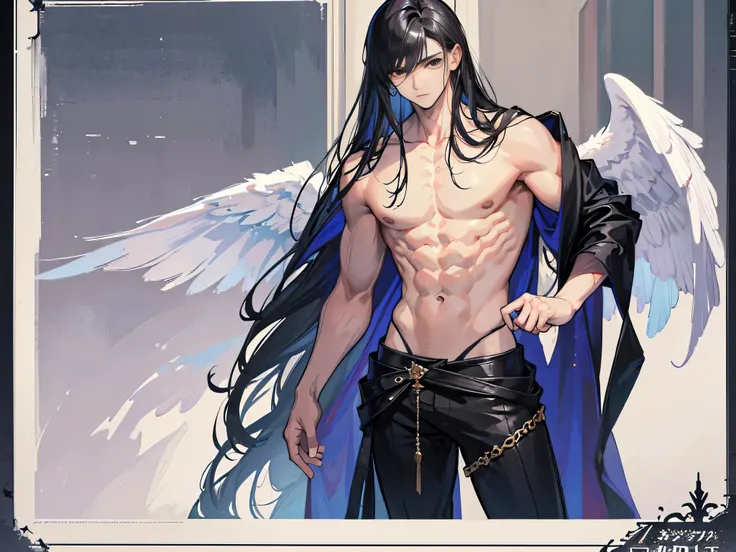 ((Masterpiece, Highest quality)), Male, boy, Detailed face, character design sheet， full bodyesbian, Full of details, frontal body view, back body view, Highly detailed, Depth, Many parts, angel wings, black hair, angel outfit, Muscle boy with black long h...