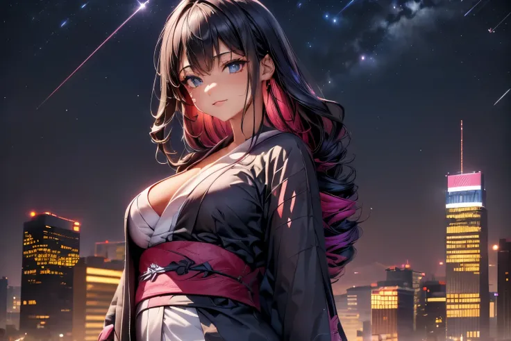 anime, (obra de arte, melhor qualidade, ultra-detalhado, alto contraste), 1 mulher (Sozinho, corpo todo, corpo plus size, standing on the edge of the skyscraper, cabelo prateado, CABELO LONGO E FLUXO, olhos vermelhos brilhantes de rubi, (Kimono preto, blac...