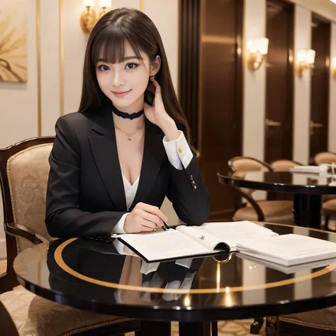 highest quality、masterpiece、
(19-year-old female), (Realistic),  Straight hair, Hotel Reception, Concierge, smile、 gently、Black Choker、blue eyes、Perfect Makeup、(Big Breasts), Long eyelashes, Eyelash extensions、bangs、Imperial Hotel、The Ritz-Carlton、((consul...