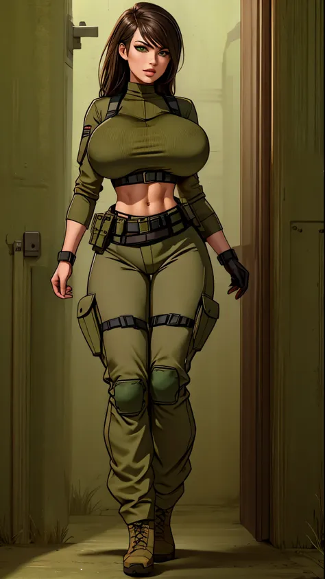 sexy woman big breasts athletic body nude tactical belt pants military green