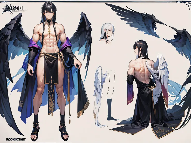 ((Masterpiece, Highest quality)), Male, boy, Detailed face, character design sheet， full bodyesbian, Full of details, frontal body view, back body view, Highly detailed, Depth, Many parts, angel wings, black hair, angel outfit, Muscle boy with black long h...