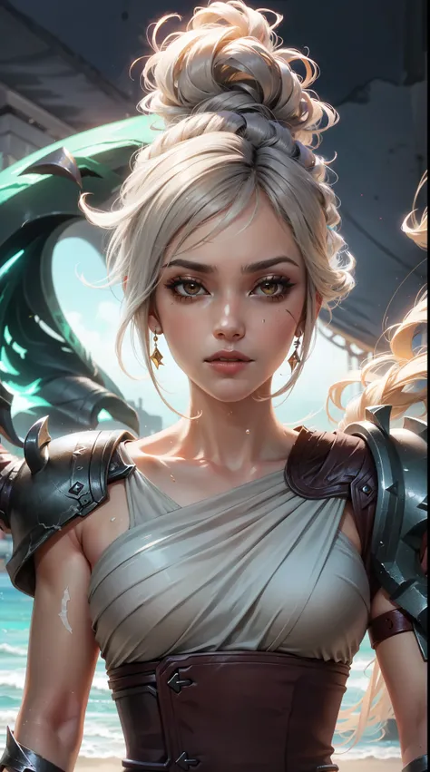 (Obra maestra:1.2), mejor calidad, hendido,  splash art de accion, foto con lente ojos de pez,  (League of Legends), 1 chica, cola de caballo doblada, vestido corto, basic set, sola hombrera, pelo blanco, sombra de ojos negra, hombros descubiertos, parte s...