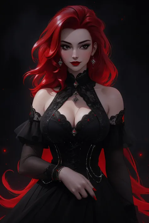 (Masterpiece - Ultra-Detailed, High Resolution)  ((vivid red hair)), mature woman, 30 years old, diamond face, red starry sky background, depth of field, magic, big red lips, ((dark and black eyes)) black and red long and full dress, covered chest, mystica...