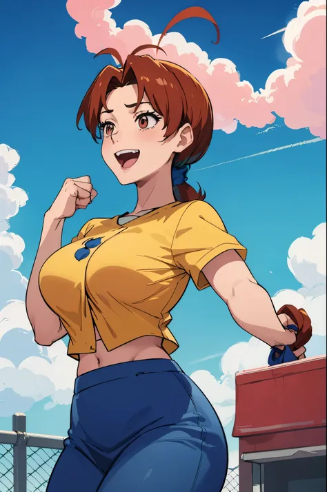 masterpiece, best quality, pkmndelia, ponytail, pink shirt, blue skirt, smile, cowboy shot, large breasts, :d, hands up, fists, ...