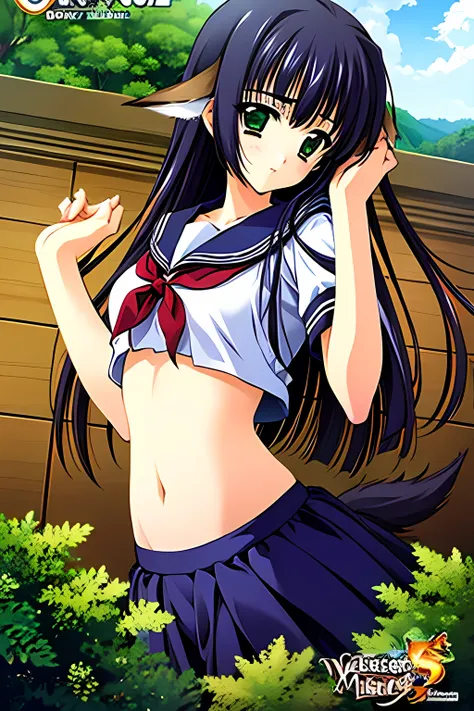 (masterpiece, official art, best quality), cowboy shot, 1 girl, long hair, {white serafuku}, black hair, {green eyes}, {{dog ear...