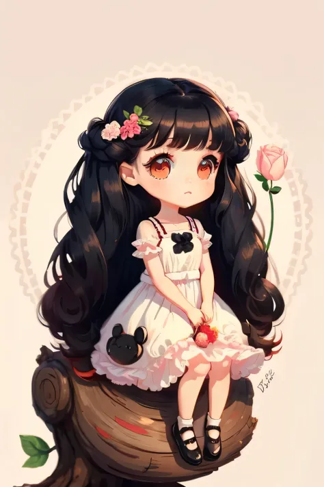 girl with long black hair with curly ends, with a red bow, honey eyes, holding a flower, white dress with light pink and lace, Disney Pixer style character, full body, hight quality, white background, sitting on a log tree