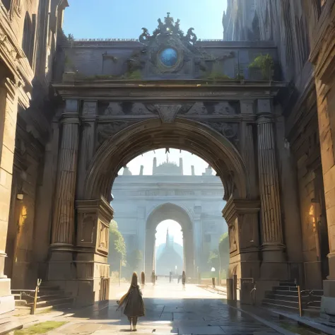 Before you, the city gate looms, a towering edifice of weathered stone, its massive doors standing firm against the passage of time. Above, the archway stretches into the sky, an imposing symbol of entry into the realm beyond.